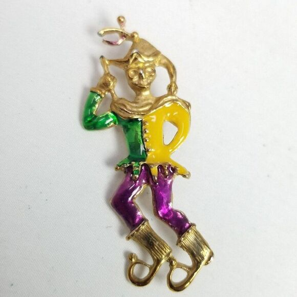 Vintage Court Jester Enamel Brooch, Yellow Green Purple Gold Tone Clown, Estate - Picture 2 of 7